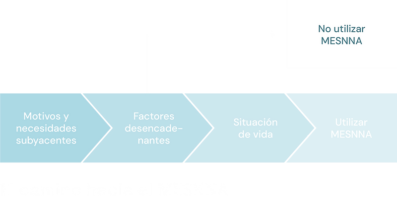 Un diagrama con tres secciones azules superpuestas que muestran Motivos y necesidades subyacentes, Factores desencadenantes y Situación de vida. Las flechas conducen a “No utilizar MESNNA” y “Utilizar MESNNA” en la esquina superior derecha, lo que indica los resultados de la decisión.