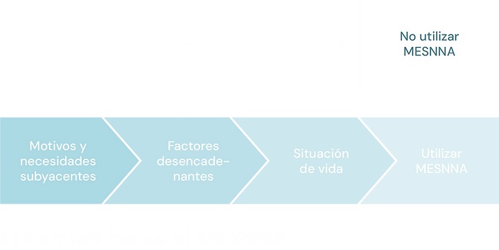 Un diagrama de flujo que muestra el proceso de decisión de utilizar MESNNA. Los pasos incluyen: "Motivos y necesidades subyacentes", "Factores desencadenantes" y "Situación de vida". Una flecha indica "Utilizar MESNNA" o "No utilizar MESNNA" según la situación.