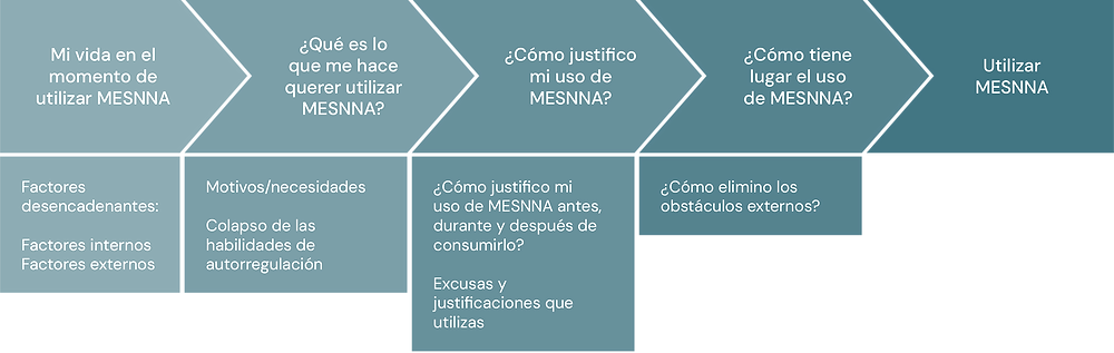 Un diagrama de flujo en español muestra las secuencias de preguntas respecto al uso de "MESNNA". Los pasos incluyen desencadenantes, razones, justificaciones, métodos y superación de obstáculos externos, avanzando desde "Mi vida en el momento de utilizar MESNNA" hasta "Utilizar MESNNA".