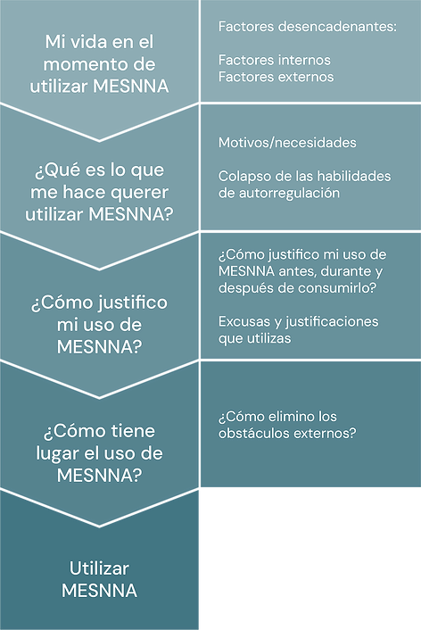 Una infografía en español describe factores relacionados con el uso de MESNNA. Abarca motivos personales para utilizarlo, justificaciones y superación de obstáculos externos. Una sección en la parte inferior está cubierta de negro, oscureciendo parte del contenido.