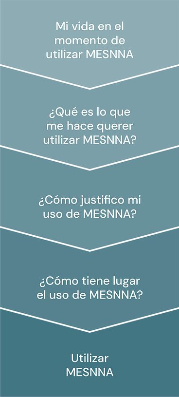 Fondo verde azulado con texto blanco que muestra las siguientes frases:
- Mi vida en el momento de utilizar MESNNA
- ¿Qué es lo que me hace querer utilizar MESNNA?
- ¿Cómo justifica mi uso de MESNNA?
- ¿Cómo tiene lugar el uso de MESNNA?
- Utilizar MESNNA.