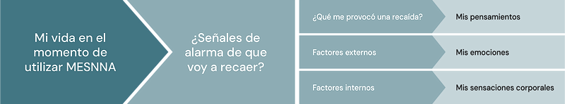 Infografía en español titulada "Señales de alarma de que voy a recaer" que muestra las categorías: "¿Qué me provocó una caída?" con "Mis pensamientos"; "Factores externos" con "Mis emociones"; "Factores internos" con "Mis sensaciones corporales.
